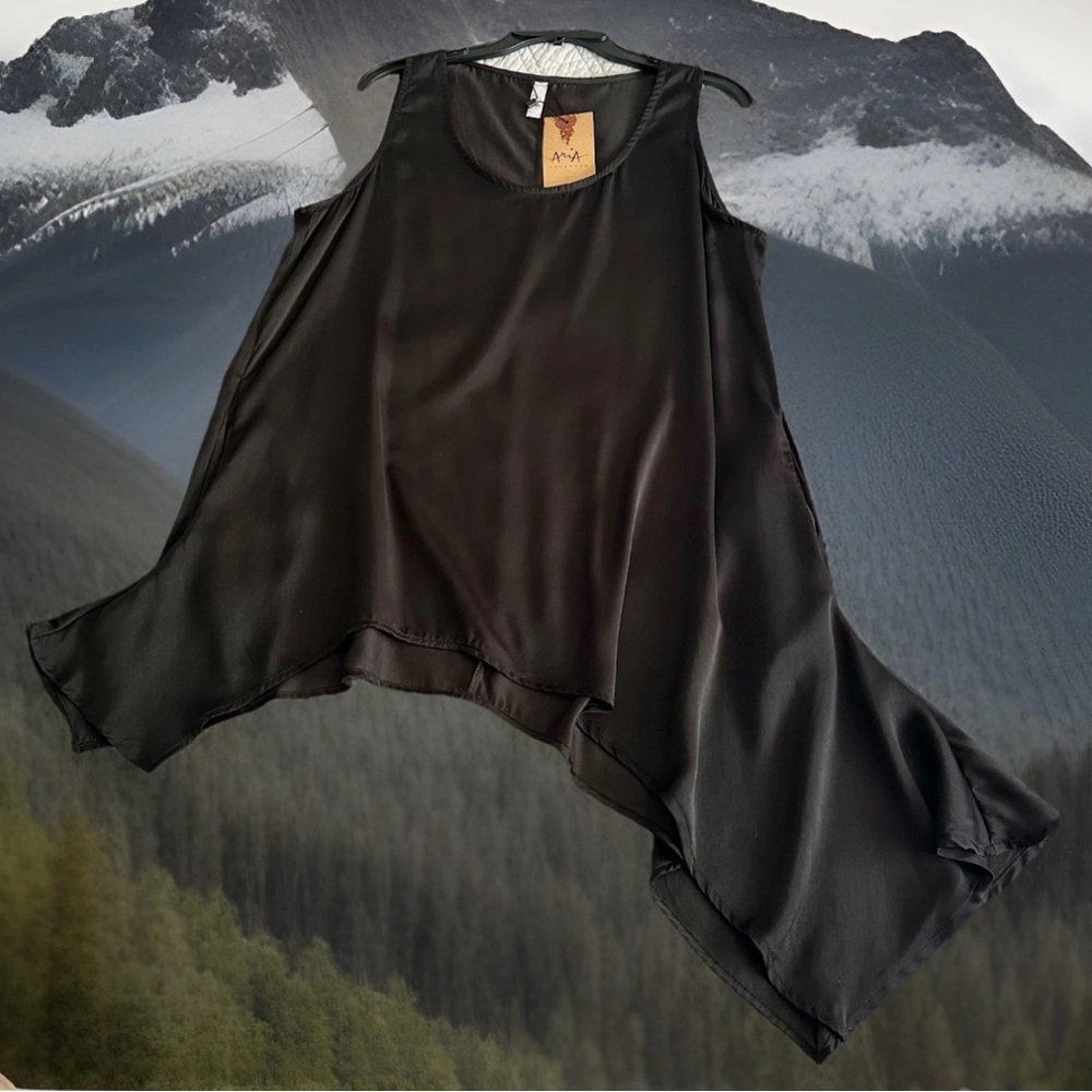 New Aria Handmade Satiny Black Asymmetrical Longline Tank Top Women Size L Large